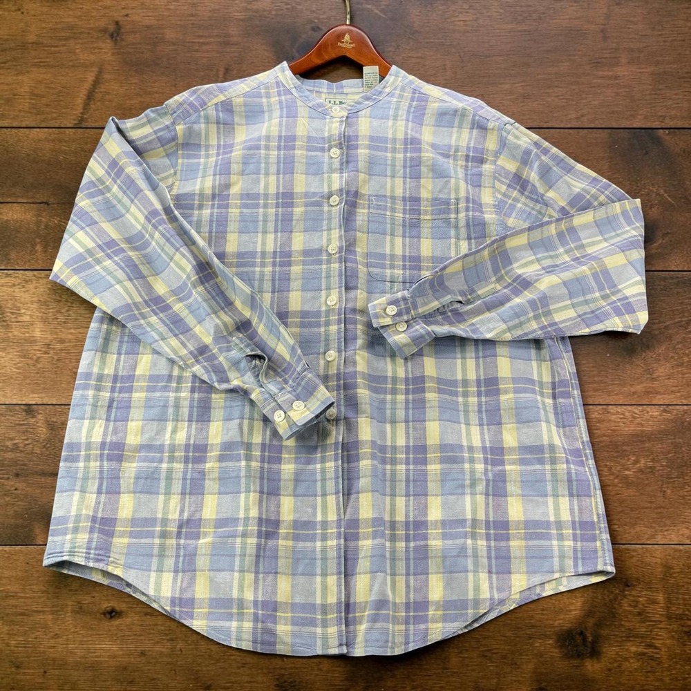 Vintage LL Bean Womens XL Linen Cotton Plaid Band Collar Shirt Lavender Yellow